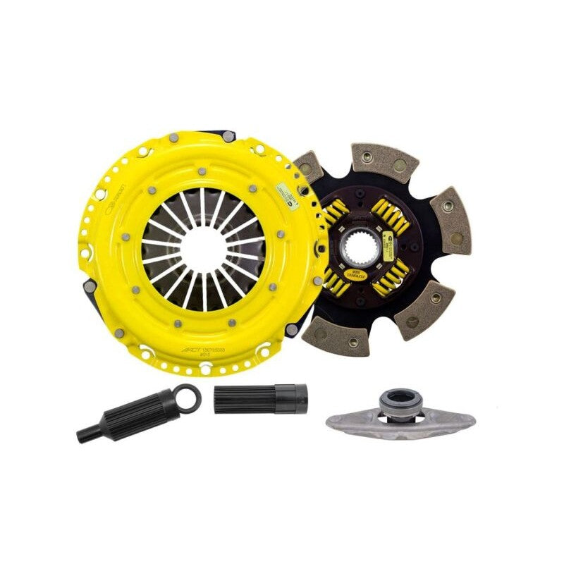ACT Heavy Duty Race Sprung 6-Pad Clutch Kit with yellow pressure plate and ceramic friction disc for BMW N54 and N55 engines.