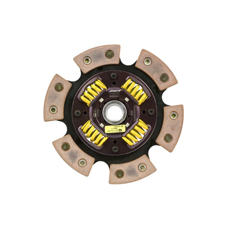 ACT 6-pad sprung race clutch disc featuring ceramic friction pads and a reinforced spring-centered hub.