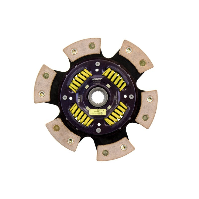 ACT 6250306 6-pad sprung race clutch disc with ceramic friction pads and heavy-duty center spring assembly.