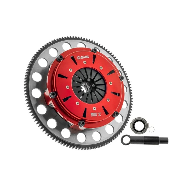 Action Clutch ACR-2208 twin disc race clutch with 6061-T6 billet cover, sintered discs, and chromoly flywheel.