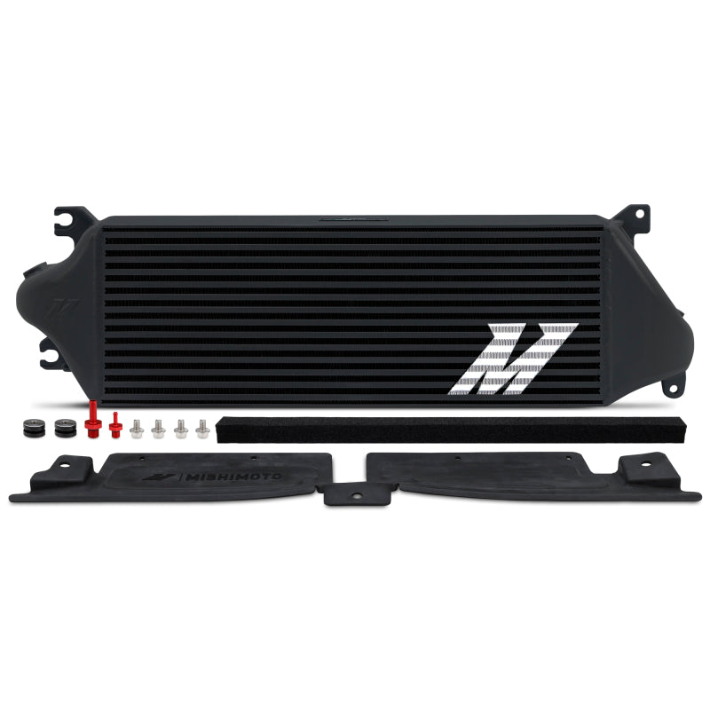 Mishimoto black powder-coated performance intercooler with cast end tanks and bar-and-plate core for 2024+ Toyota Tacoma.