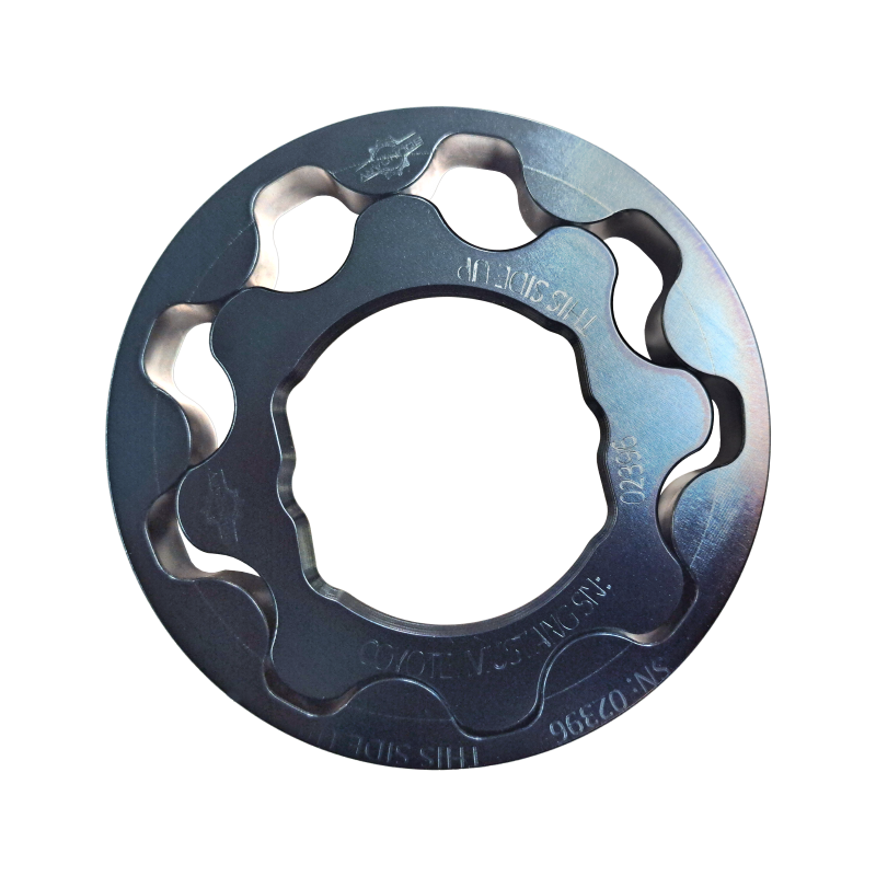 Precision CNC-machined billet steel oil pump gears with dark MartenWear surface treatment