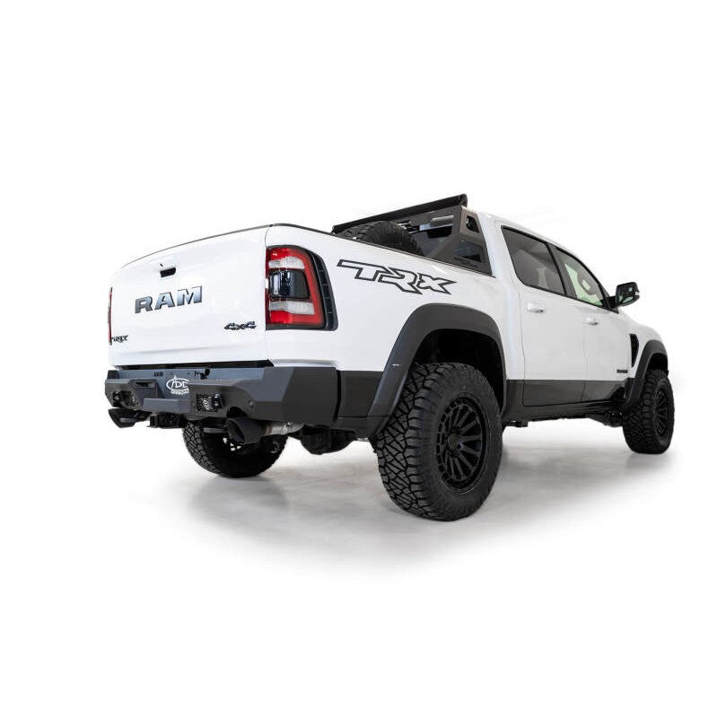Addictive Desert Designs Stealth Fighter Rear Bumper in Hammer Black for 2021-2024 Ram 1500 TRX.