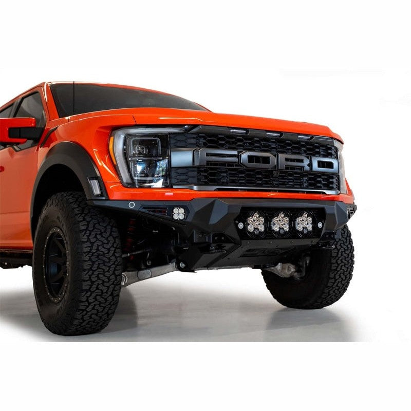 Hammer Black ADD Bomber Front Bumper for 2021-2025 Ford Raptor with triple LP6 light mounts and aluminum skid plate.