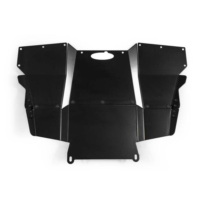 Satin black 3/16-inch aluminum front skid plate for Addictive Desert Designs Stealth series Toyota Tacoma bumper.