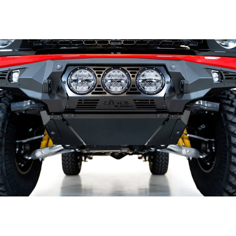 Addictive Desert Designs Bomber front skid plate in satin black aluminum for 2021-2025 Ford Bronco.