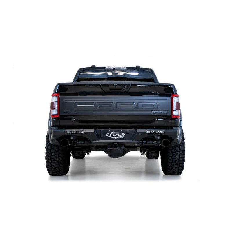 Hammer black plate steel rear bumper with sensor cutouts and light mounts for 2021-2025 Ford F-150 Raptor