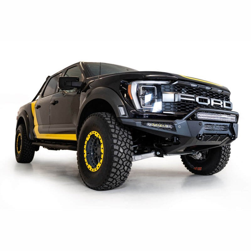 Addictive Desert Designs HoneyBadger front bumper with top hoop and hammer black finish for 2021-2025 Ford Raptor