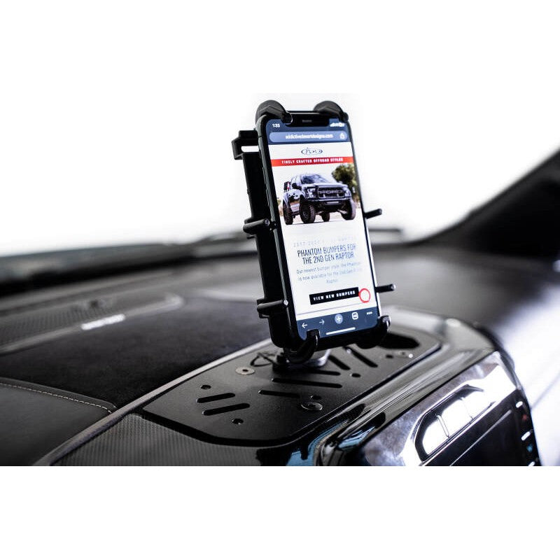 Black hammer powder-coated steel digital device dash mount for 2019-2024 Ram 1500 trucks.