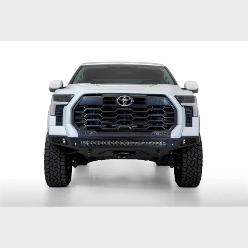 Addictive Desert Designs Stealth Fighter winch front bumper in hammer black for 2022-2025 Toyota Tundra.