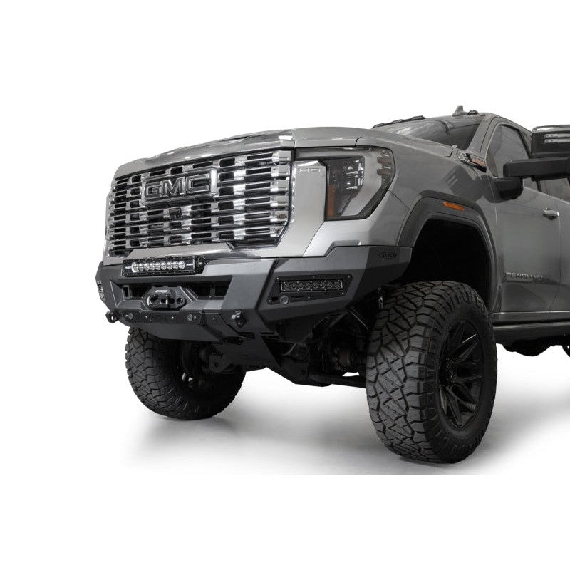 Addictive Desert Designs Phantom winch-ready front bumper in Hammer Black for 2024-2025 GMC Sierra 2500/3500 HD.