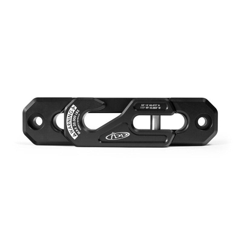 Black hard anodized 7075-T6 aluminum ADD Capture 2 Open Hook winch fairlead with black stainless hardware.