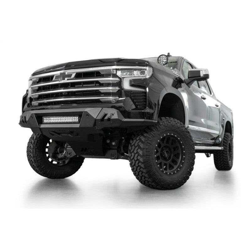 Addictive Desert Designs Black Label 3-piece steel front bumper in hammer black for 2022-2025 Chevrolet Silverado 1500.