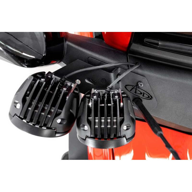 Hammer black steel dual ditch light brackets for 2021-2025 Ford Bronco mounted to the factory A-pillar locations.