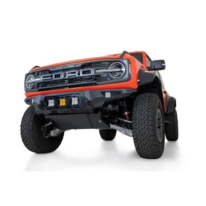 Addictive Desert Designs Bomber front bumper in hammer black for the 2022-2025 Ford Bronco Raptor.