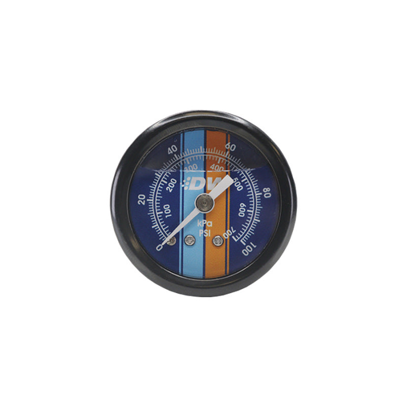 DeatschWerks 1.5 inch blue face mechanical fuel pressure gauge with brushed aluminum housing and 1/8 inch NPT fitting