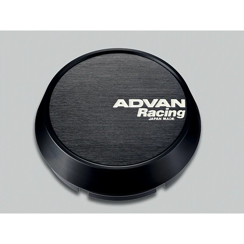 Single black Advan 73mm middle center cap with logo, designed for automotive wheels
