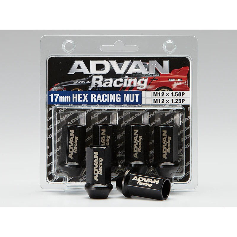 Four black Advan lug nuts with 12x1.25 thread pitch, arranged on a white background