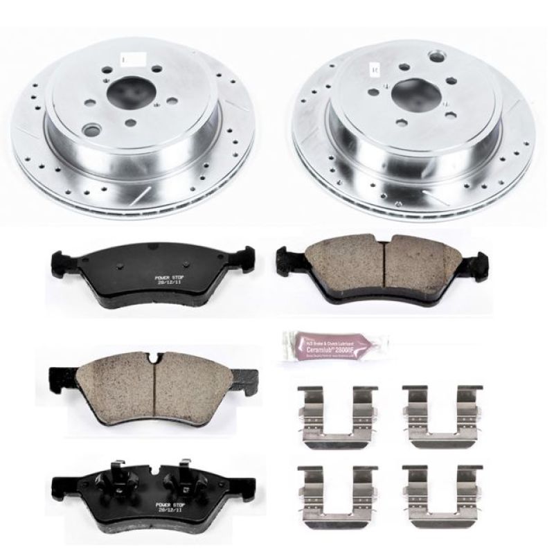 Rear Power Stop K5883 Z23 Evolution Sport kit with silver zinc-plated drilled and slotted rotors and Z23 brake pads