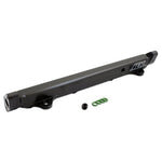 Black CNC-machined AEM High Volume fuel rail with laser-etched logo for 2005-2006 Mitsubishi Lancer Evolution.