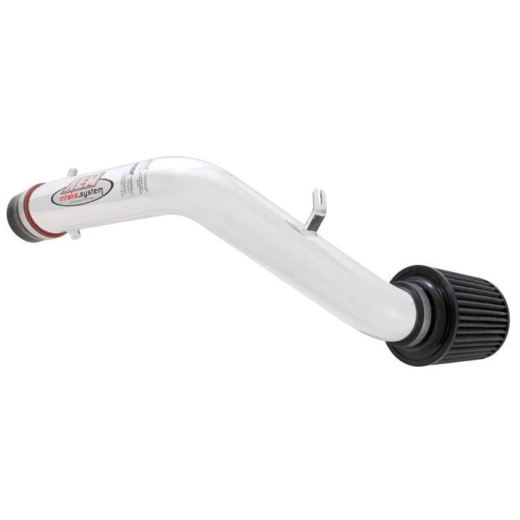 Polished AEM 21-513P performance cold air intake system with mandrel-bent aluminum piping and red Dryflow air filter.