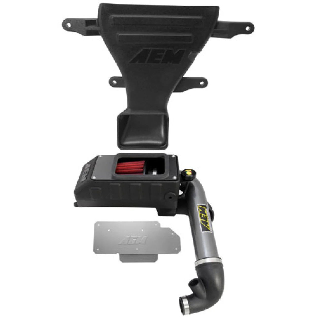 AEM 21-699C cold air intake system featuring gunmetal aluminum tubing, heat shield, and red Dryflow air filter.
