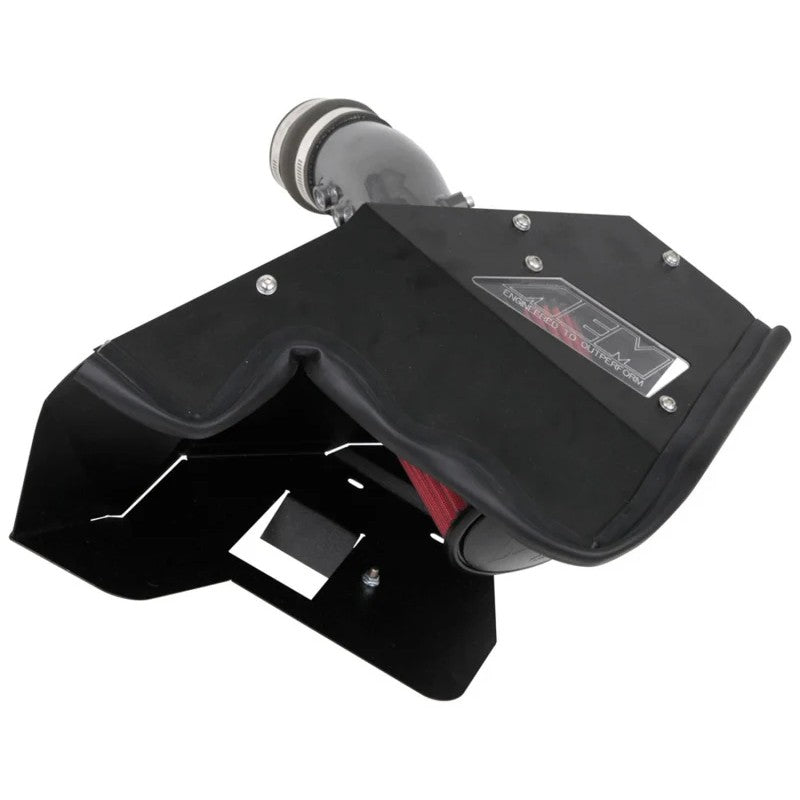AEM 21-870C Cold Air Intake with gunmetal gray mandrel-bent aluminum tube and tapered Dryflow synthetic air filter.