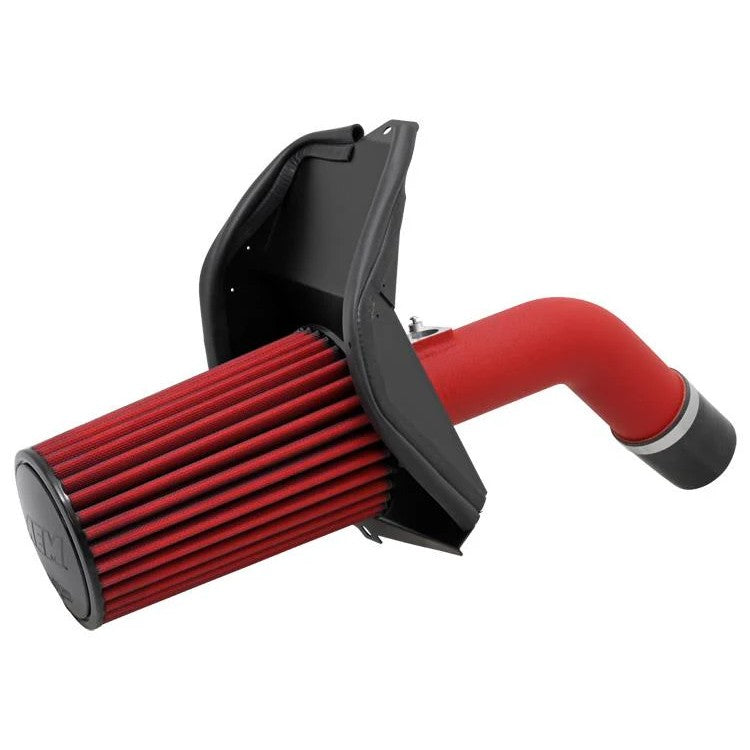 AEM wrinkle red mandrel-bent aluminum cold air intake system with a grey synthetic Dryflow air filter and heat shield.