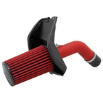 AEM wrinkle red mandrel-bent aluminum cold air intake system with a grey synthetic Dryflow air filter and heat shield.