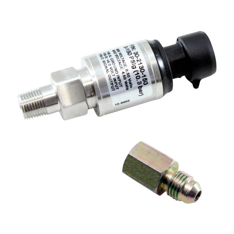 AEM 150 PSIG stainless steel pressure sensor with 1/8 inch NPT threads, wiring connector, and -4 AN adapter