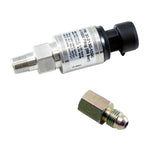 AEM 1000 PSIg stainless steel pressure sensor with 1/8 inch NPT to -4 AN adapter and wiring connector pins.
