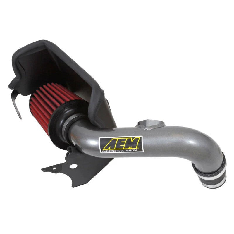 AEM 21-788C gunmetal gray mandrel-bent aluminum cold air intake system with red Dryflow synthetic air filter.