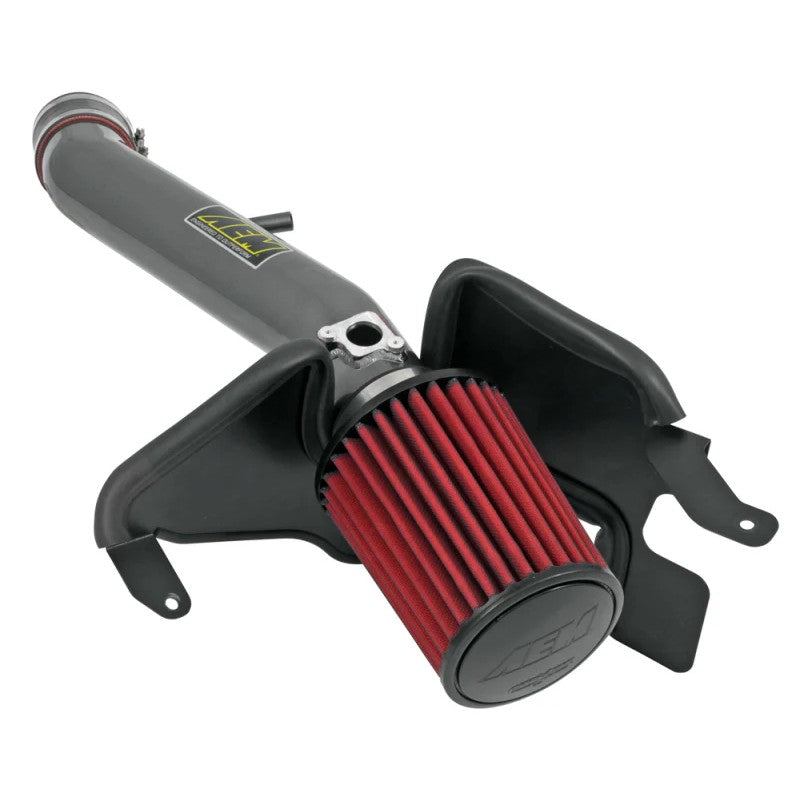 AEM 21-759C cold air intake system featuring gunmetal gray aluminum tubing and a conical synthetic air filter.