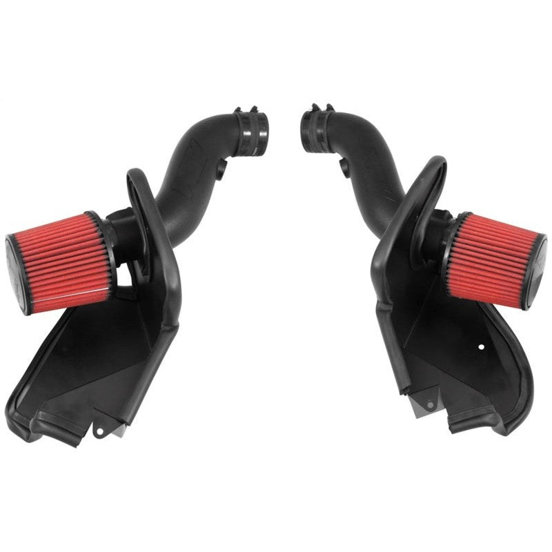 AEM 21-823DS twin cold air intake system with dual intake tubes, heat shields, and grey Dryflow air filters.