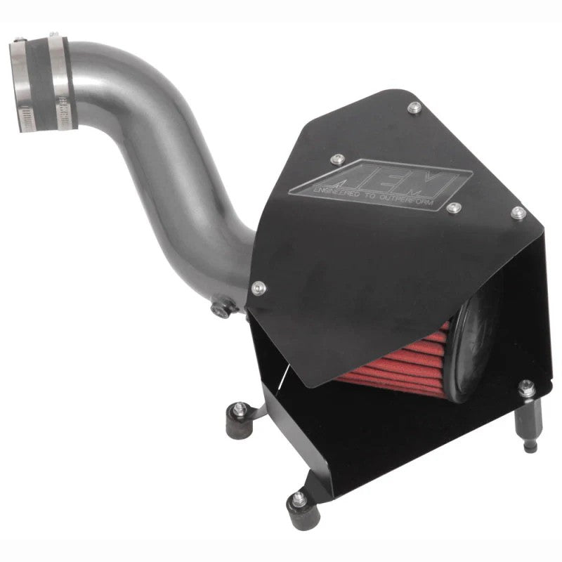 AEM 21-848C air intake with gunmetal gray aluminum tube, oil-free Dryflow filter, and black heat shield for 2.4L engines.