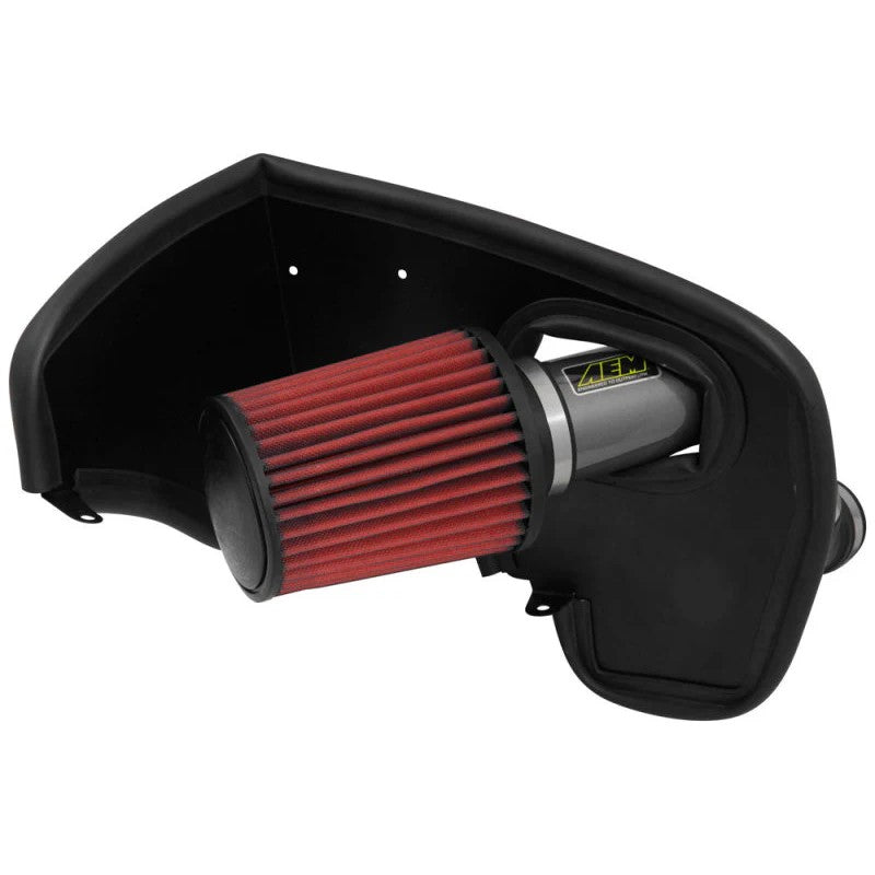 AEM 21-803C cold air intake system with gunmetal gray mandrel-bent aluminum tube and red Dryflow synthetic air filter