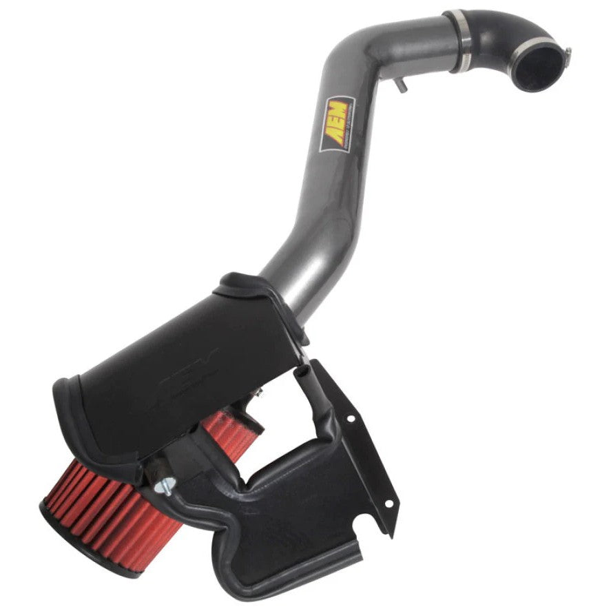 AEM 21-846C cold air intake with gunmetal gray aluminum mandrel-bent tube, synthetic air filter, and custom heat shield.