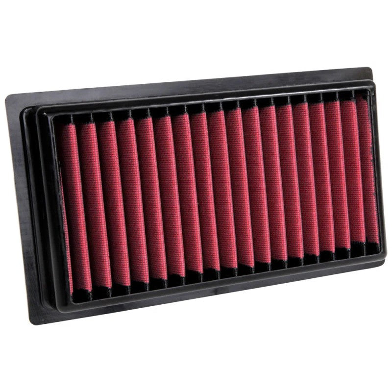 AEM DryFlow oil-free synthetic drop-in performance air filter with red filtration media and black structural frame.
