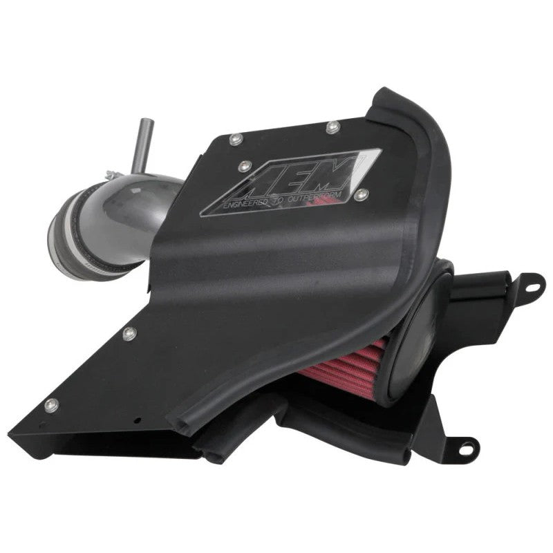 AEM 21-869C cold air intake system with gunmetal gray mandrel-bent aluminum tube and red Dryflow air filter.