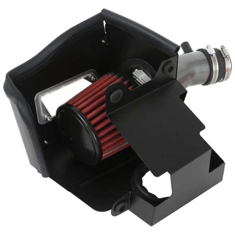 AEM cold air intake with gunmetal gray aluminum tube, red Dryflow air filter, and black heat shield with lid.