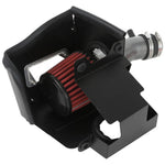AEM cold air intake with gunmetal gray aluminum tube, red Dryflow air filter, and black heat shield with lid.