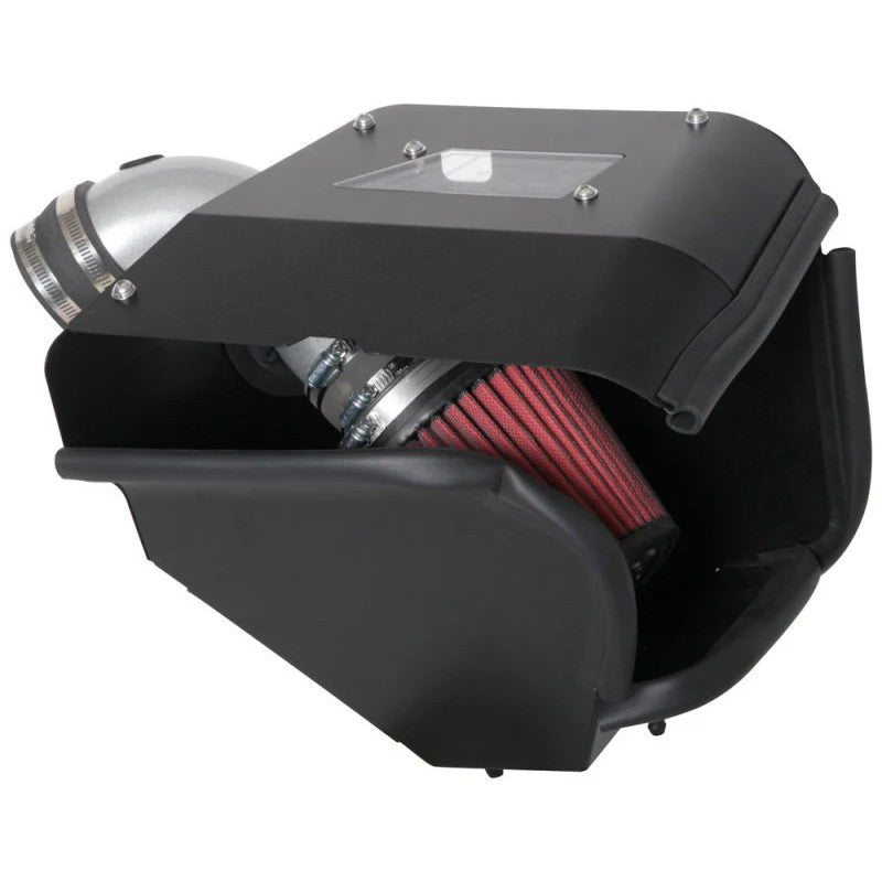 AEM silver mandrel-bent aluminum cold air intake system with a Dryflow air filter and black heat shield with lid.