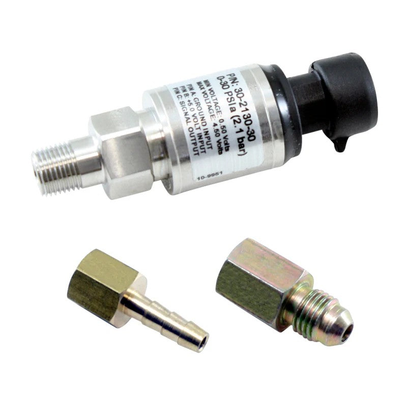 AEM stainless steel 30 PSIA 2 BAR MAP sensor with wiring connector and 1/8 inch NPT to -4 AN adapter fittings