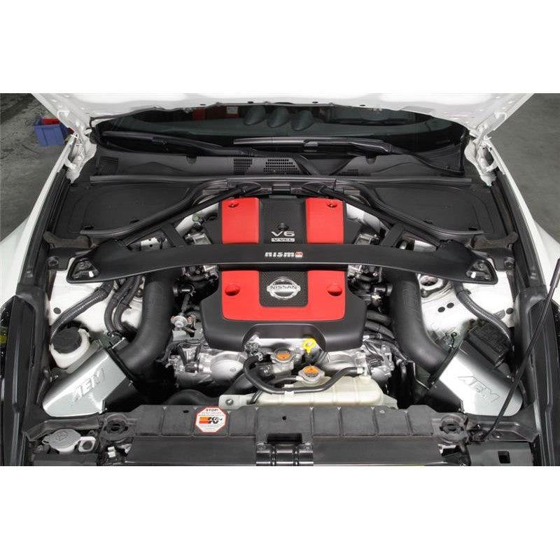 AEM 21-821DS dual cold air intake system with gray mandrel-bent aluminum tubes and red Dryflow filters for Nissan 370Z.