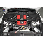 AEM 21-821DS dual cold air intake system with gray mandrel-bent aluminum tubes and red Dryflow filters for Nissan 370Z.