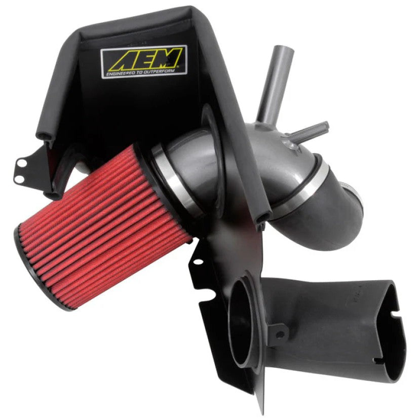 AEM 21-728C gunmetal gray cold air intake system with mandrel-bent aluminum tubing and Dryflow filter