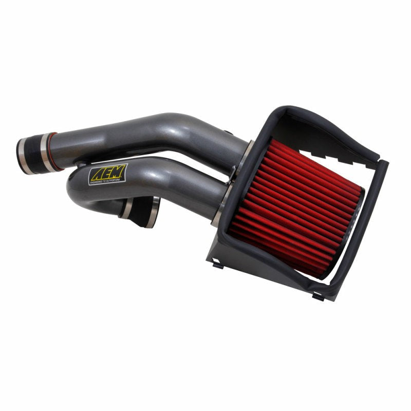 AEM 21-8128DC intake system with gunmetal gray aluminum tubes and a red Dryflow air filter