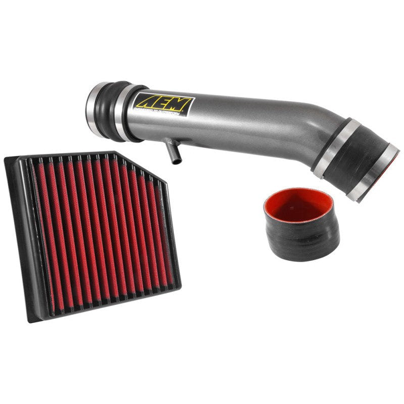 AEM 22-688C intake kit featuring a gunmetal gray mandrel-bent aluminum tube and a red Dryflow synthetic air filter.