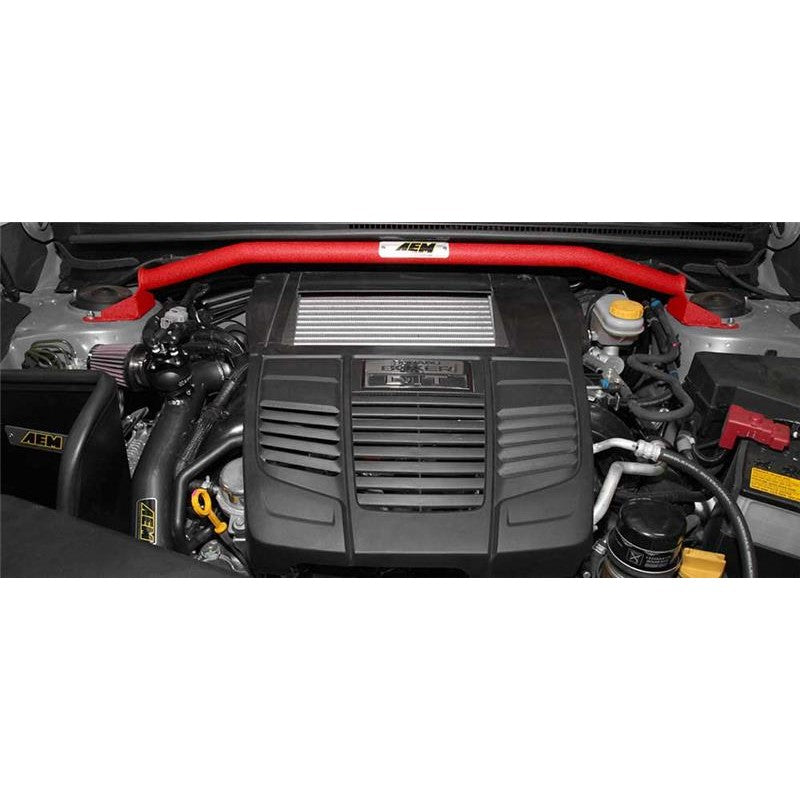 AEM 29-0011WR textured red 1.5-inch steel performance strut bar for 2015-2021 Subaru WRX and WRX STI.
