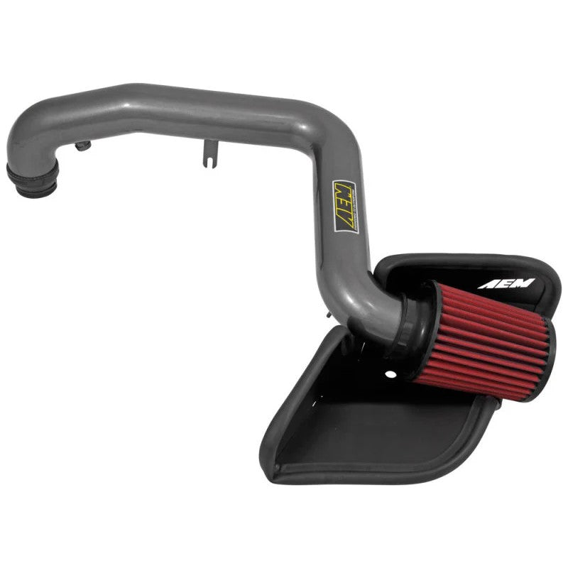AEM 21-764C intake system featuring a gunmetal gray mandrel-bent aluminum tube and red conical Dryflow air filter.